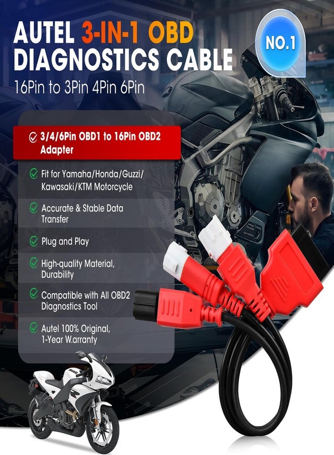 Autel Original 3-in-1 OBD2 Adapter Cable,16 Pin to 6/4/3 Pin OBD Diagnostic Cable, OBD2 to OBD1 6pin 4pin 3pin Plug Adapter for Motorcycle Honda/Guzzi/Kawasaki/Suzuki, Compatible with OBDII Scanners - Image 2