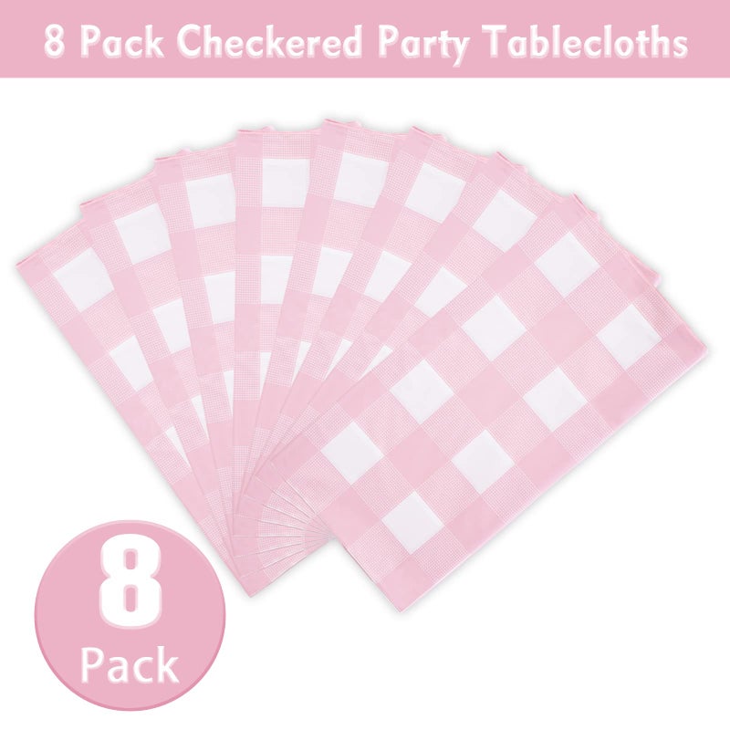 Kesfey 8 Packs Pink and White Checkered Tablecovers 54 x 108 Inches Disposable Party Picnic Table Cloth SpillProof Plastic Gingham Tablecovers for Camping Decoration Party Favors - Image 2