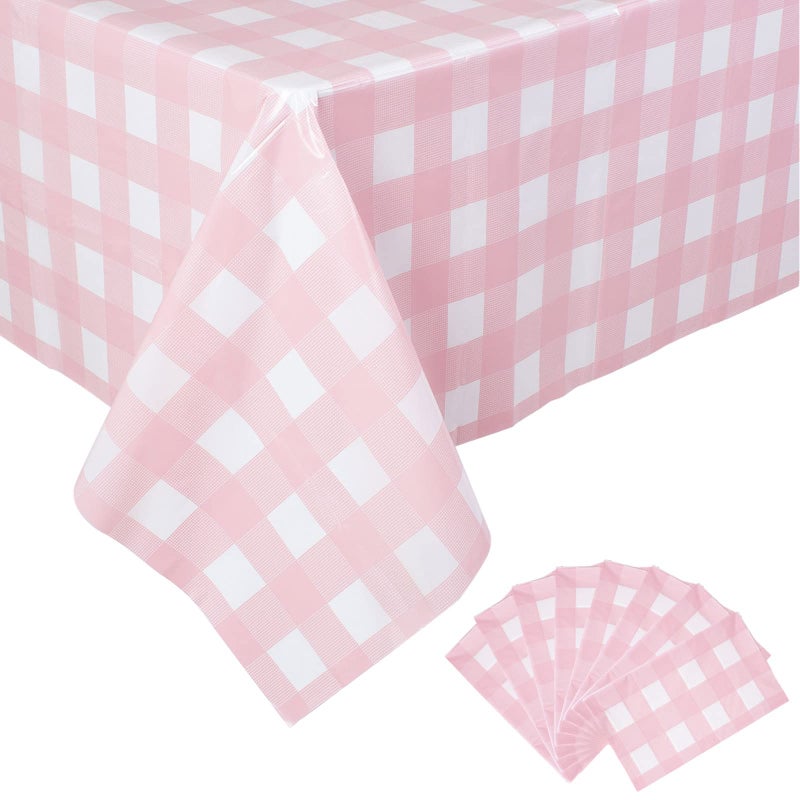 Kesfey 8 Packs Pink and White Checkered Tablecovers 54 x 108 Inches Disposable Party Picnic Table Cloth SpillProof Plastic Gingham Tablecovers for Camping Decoration Party Favors - Image 1