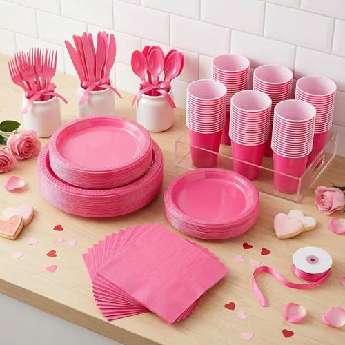 WELLIFE 210Pcs Hot Pink Plates, Disposable Dinnerware Set, Including Hot Pink Plastic plates, 12oz Cups, Plastic Cutlery and Napkins Serve 30 Guests, Plastic Plates for Party and Valentine,Galentines - Image 3