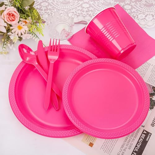 WELLIFE 210Pcs Hot Pink Plates, Disposable Dinnerware Set, Including Hot Pink Plastic plates, 12oz Cups, Plastic Cutlery and Napkins Serve 30 Guests, Plastic Plates for Party and Valentine,Galentines - Image 4