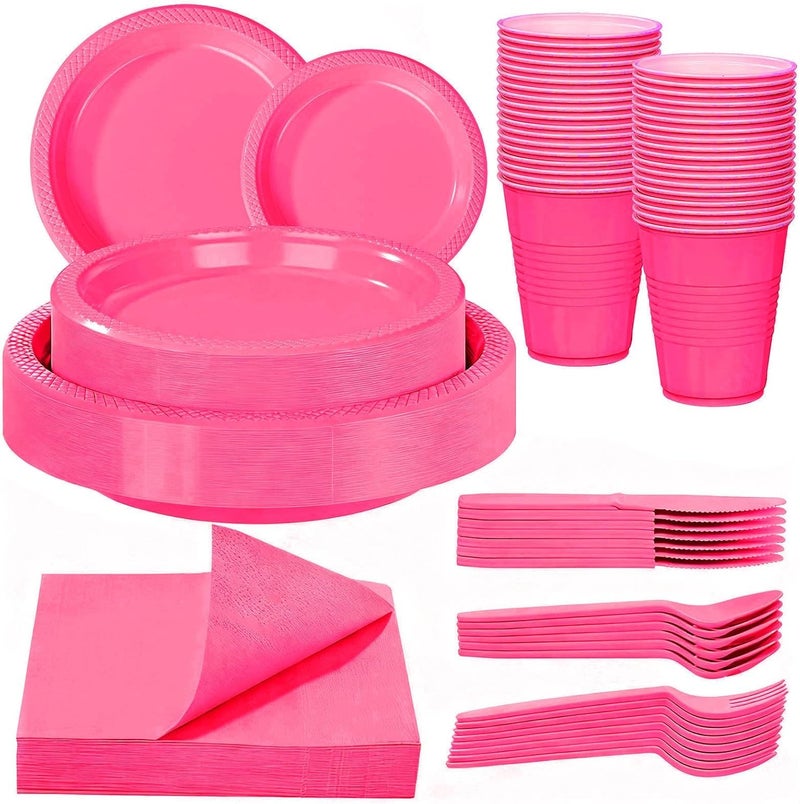 WELLIFE 210Pcs Hot Pink Plates, Disposable Dinnerware Set, Including Hot Pink Plastic plates, 12oz Cups, Plastic Cutlery and Napkins Serve 30 Guests, Plastic Plates for Party and Valentine,Galentines - Image 1