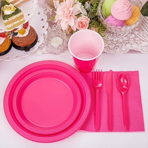 WELLIFE 210Pcs Hot Pink Plates, Disposable Dinnerware Set, Including Hot Pink Plastic plates, 12oz Cups, Plastic Cutlery and Napkins Serve 30 Guests, Plastic Plates for Party and Valentine,Galentines - Image 5