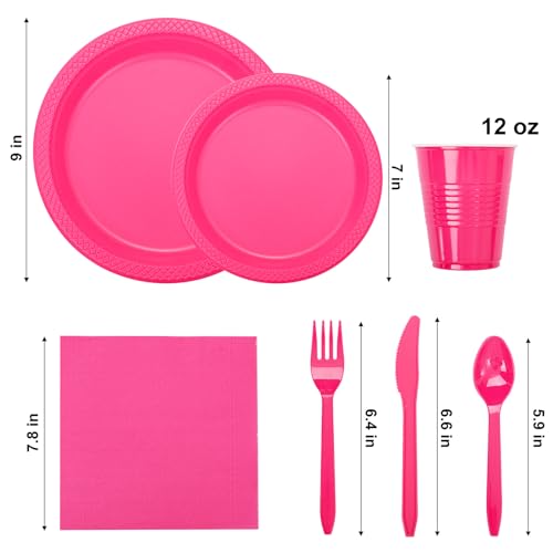 WELLIFE 210Pcs Hot Pink Plates, Disposable Dinnerware Set, Including Hot Pink Plastic plates, 12oz Cups, Plastic Cutlery and Napkins Serve 30 Guests, Plastic Plates for Party and Valentine,Galentines - Image 2