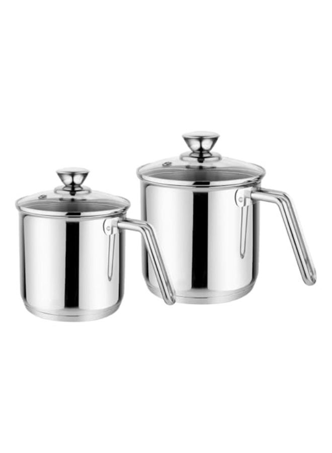 Prabha Stainless Steel Milk Pot with Handle 11cm, 14cm 1.1 Litre, 1.8 Litre Set of 2 | Milk Boiler Glass Lid Steam Vent | Tea Container Water Boiling | Coffee/Milk Warmer, Even & Faster Heating - Image 1