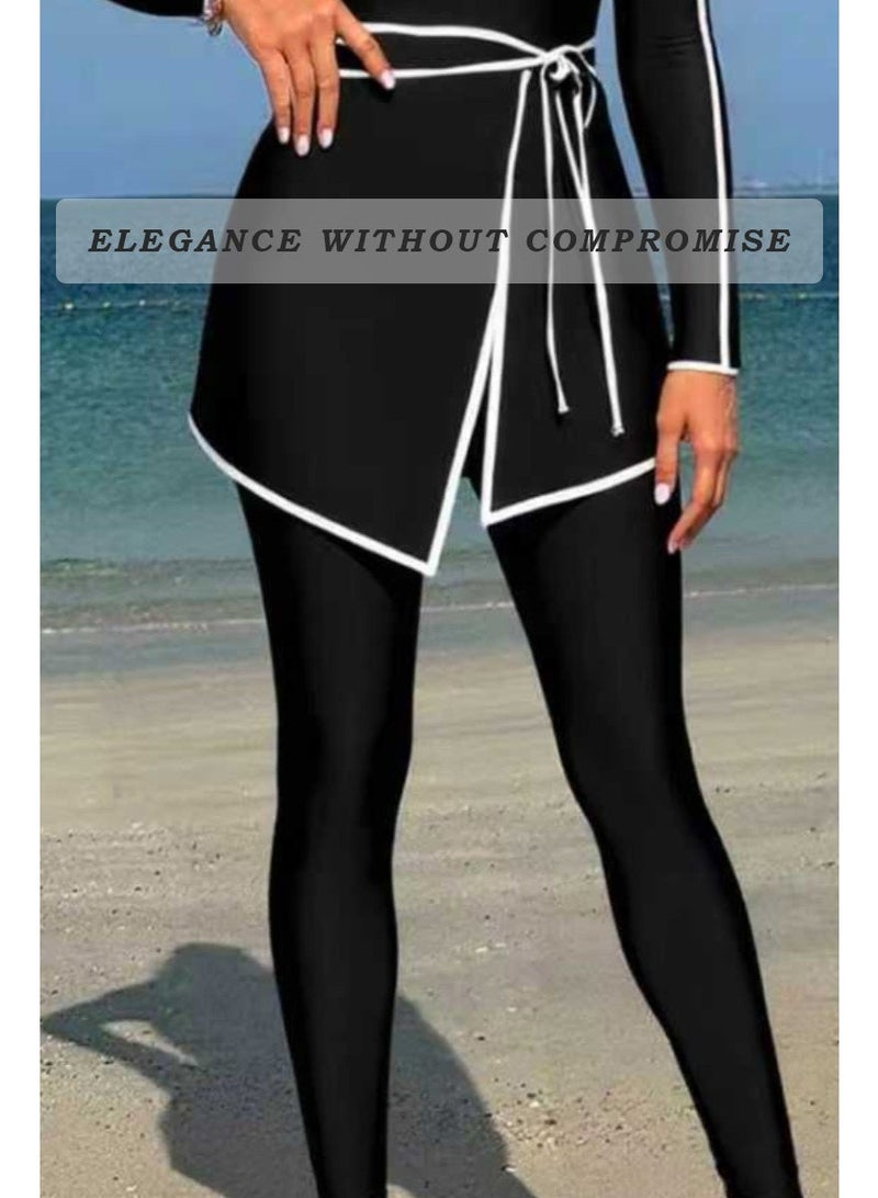 Muslim women swimwear, Burkini swimsuit – elegant full coverage long sleeve top & long pants with waist belt, black with white piping trim, simple stylish, quick dry & sun protection, suit for beach, swimming and surfing. - Image 2