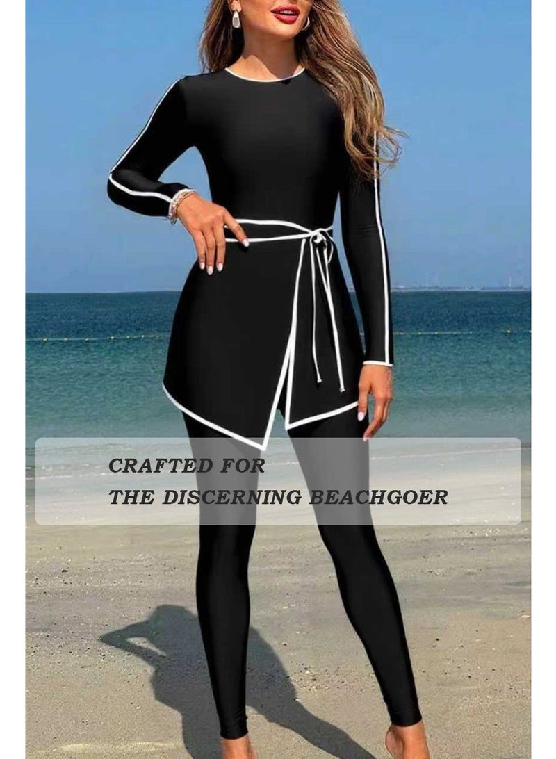Muslim women swimwear, Burkini swimsuit – elegant full coverage long sleeve top & long pants with waist belt, black with white piping trim, simple stylish, quick dry & sun protection, suit for beach, swimming and surfing. - Image 4