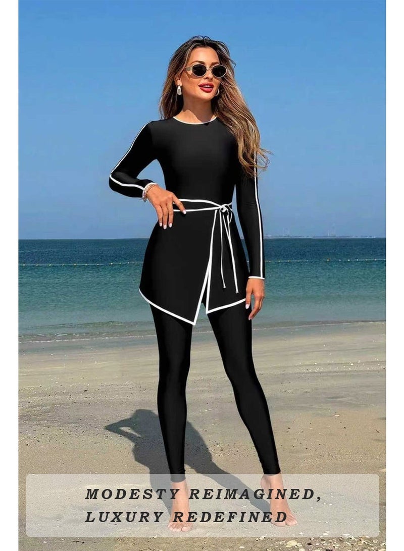 Muslim women swimwear, Burkini swimsuit – elegant full coverage long sleeve top & long pants with waist belt, black with white piping trim, simple stylish, quick dry & sun protection, suit for beach, swimming and surfing. - Image 1
