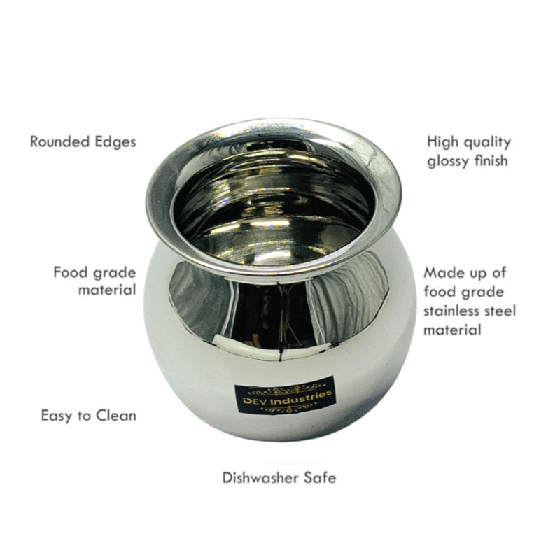 Dev Industries Heavy Gauge Stainless Steel Lota/Chomu/Kalash/Milk Pot (200 ML (7 No.)) - Image 3