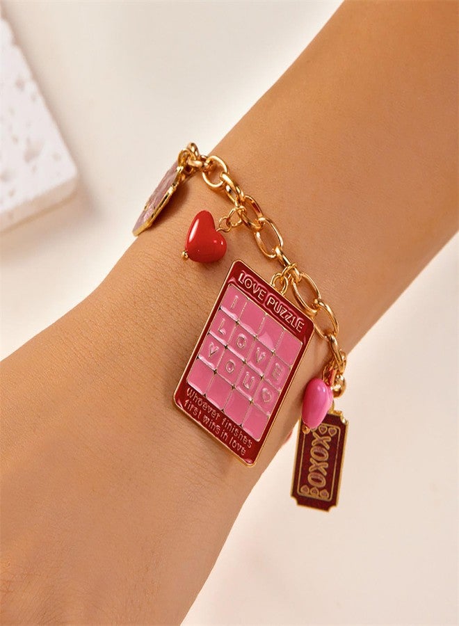 GLMOCM Valentine’s Day Bracelets Red Heart Charms Bracelets for Women Pink Heart Love Flower Bracelet Valentine's Day Gifts for Women (Red B) - Image 2