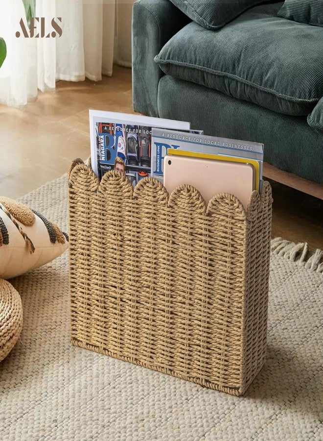 AELS حامل مجلات من الألياف الطبيعية المنسوجة من AELS، رف أرضي للمجلات بحواف مزخرفة، منظم مجلات منسوج يدويًا، سلة مجلات، سلة كتب بتصميم بوهيمي عصري ريفي، حامل ملفات وصحف وبريد للمكتب - Image 3