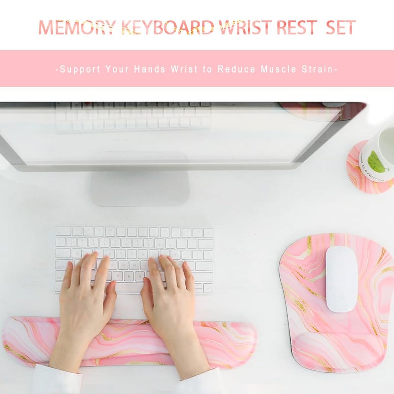 Yunoble Memory Foam Ergonomic Keyboard Wrist Rest Pad and Mouse Wrist Rest Support Mouse Pad Set for Office Gaming Easy Typing-Pink Fluid - Image 2