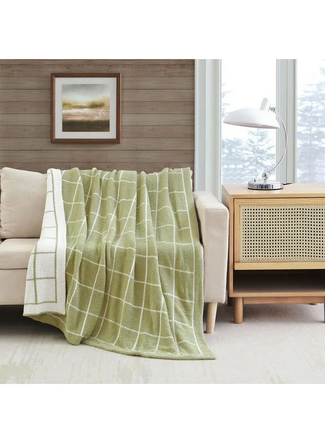 Mezoe Checkered Pattern Feather Knit Jacquard Throw Green and White 1 x 153 x 127 cm Lavina 01