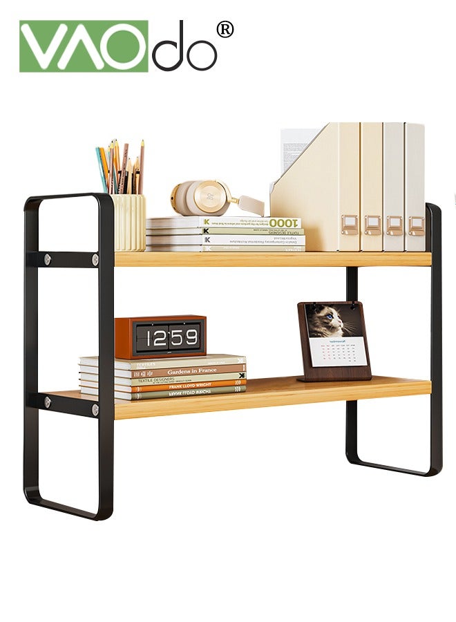 VAOdo 2-Layer Desk Rack, Wooden Desktop Organizer, Compartment Decoration Aesthetics Bookshelf, Easy to Assemble Black 50*15CM  - Image 2