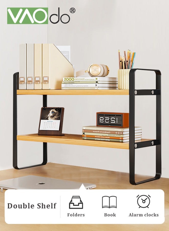 VAOdo 2-Layer Desk Rack, Wooden Desktop Organizer, Compartment Decoration Aesthetics Bookshelf, Easy to Assemble Black 50*15CM  - Image 1