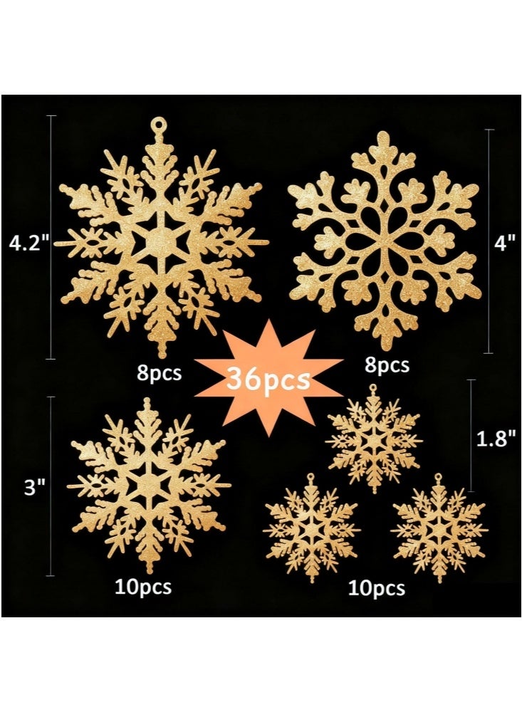 جيجيرو 36 قطعة من زينة رقاقات الثلج الذهبية لعيد الميلاد، زينة رقاقات الثلج البلاستيكية اللامعة لشجرة عيد الميلاد الشتوية، مقاسات متنوعة، رقاقات ثلج حرفية - Image 3