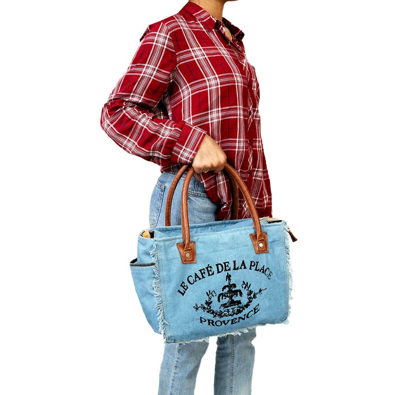 CREATIVE LEATHER ART Sel de Mer Canvas Tote Bag for Women with Leather Handles, Shoulder Bag, Casual Everyday Purse, Beach, Travel, Shopping Bag (Sky-Blue, 13 x 10 Inch) - Image 5