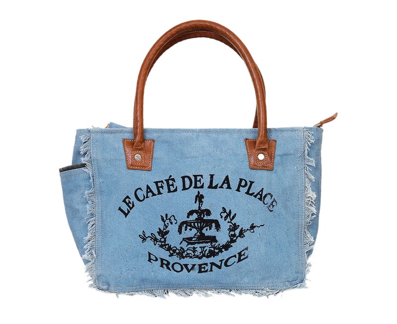 CREATIVE LEATHER ART Sel de Mer Canvas Tote Bag for Women with Leather Handles, Shoulder Bag, Casual Everyday Purse, Beach, Travel, Shopping Bag (Sky-Blue, 13 x 10 Inch) - Image 1