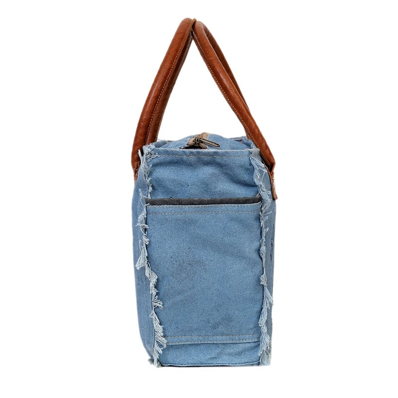 CREATIVE LEATHER ART Sel de Mer Canvas Tote Bag for Women with Leather Handles, Shoulder Bag, Casual Everyday Purse, Beach, Travel, Shopping Bag (Sky-Blue, 13 x 10 Inch) - Image 3