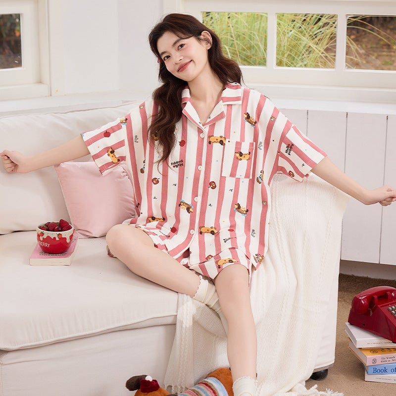 بيجامة نسائية بأكمام قصيرة وشورت وياقة قلبية على الطراز الكوري مع رسوم كرتونية ومربعات - Image 3