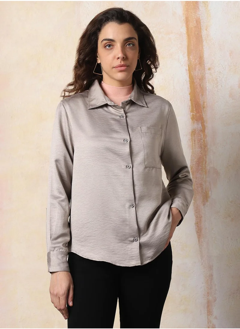 HIGH STAR Stay effortlessly stylish with this comfortable Light Grey Boxy Fit Shirts Solid design crafted from 100% Polyester featuring Long Sleeves with Button closure.