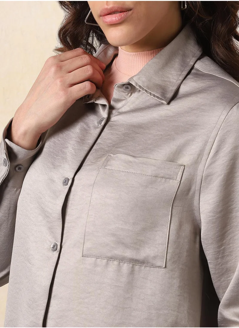 HIGH STAR Stay effortlessly stylish with this comfortable Light Grey Boxy Fit Shirts Solid design crafted from 100% Polyester featuring Long Sleeves with Button closure.