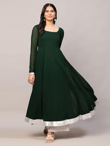 KZA Women's Georgette Hand Embroidered Flared Anarkali Suit with Full Sleeves for Ethnic Wear, Green Anarkali Kurta for Women - Image 2