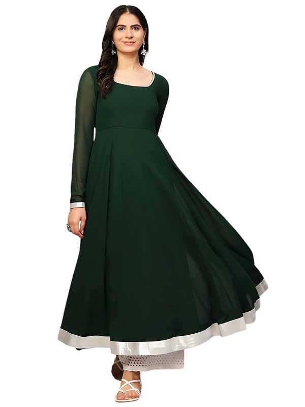 KZA Women's Georgette Hand Embroidered Flared Anarkali Suit with Full Sleeves for Ethnic Wear, Green Anarkali Kurta for Women - Image 1