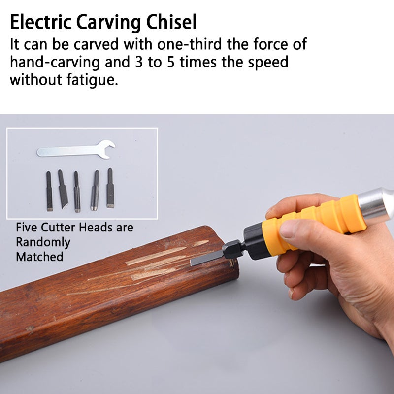 Electric Chisel: 160mm Silver Yellow Black - 25000 High-Speed Vibrations 5 Knives Wrench Safety Cover - Durable Nylon Storage Box for Wood Carving Enthusiasts - Image 2