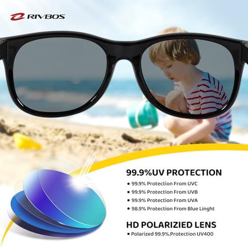 RIVBOS Kids Sunglasses Boys&girls with Strap Polarized Rubber Flexible Shades for Toddler and Children Age 3-10 RBK004-2 Black - Image 3