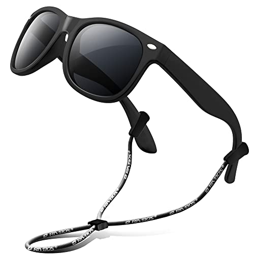 RIVBOS Kids Sunglasses Boys&girls with Strap Polarized Rubber Flexible Shades for Toddler and Children Age 3-10 RBK004-2 Black - Image 1