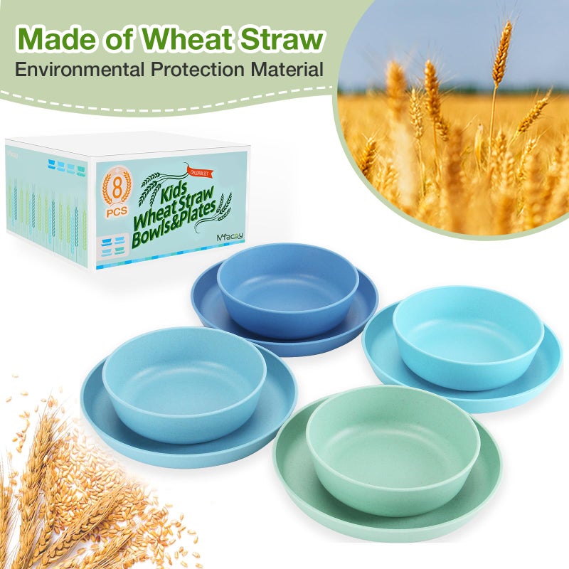 Mfacoy Wheat Straw Kids Plates and Bowls Set, Unbreakable Kids Dinnerware Set - 4 Pcs 7.75" Dinner Plates & 4 Pcs 18 oz Cereal Bowls, BPA Free, Microwave & Dishwasher Safe, Reusable Childrens Dishes - Image 3