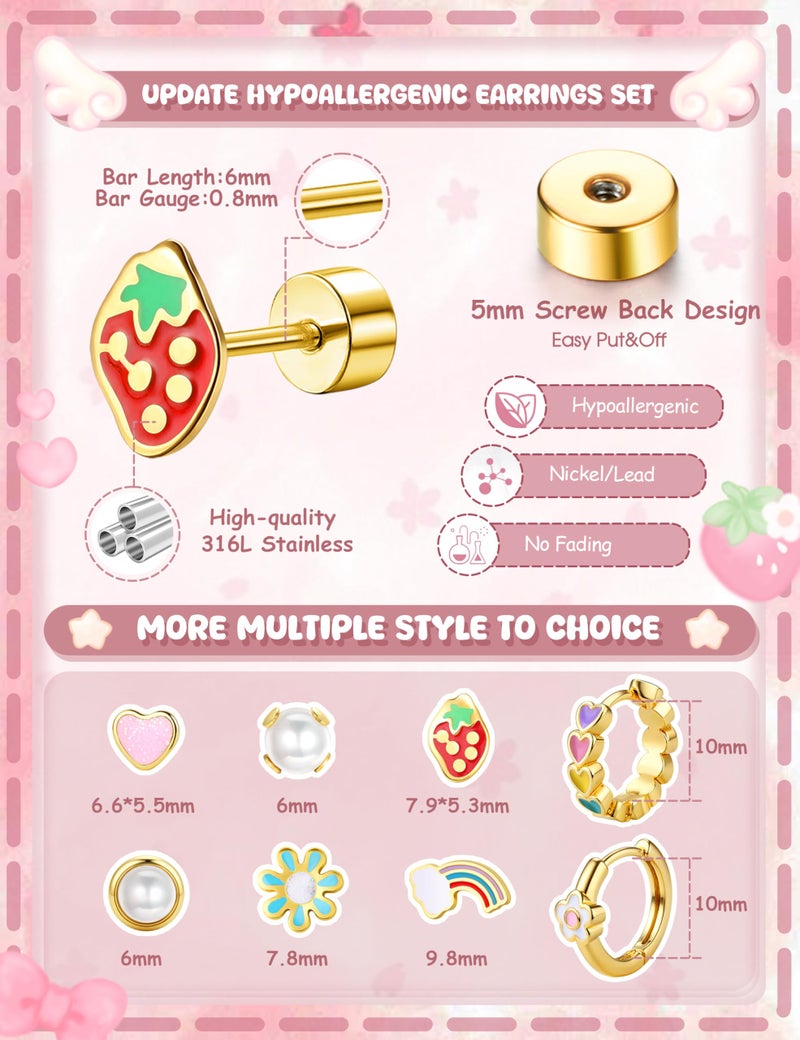 MILACOLATO 14K Gold Plated Hypoallergenic Earrings for Women Surgical Steel Flat Back Earrings for Sensitive Ears Cute Daisy Small Hoop Earring Flower Strawberry Butterfly Heart Screw Back Stud Sets - Image 2