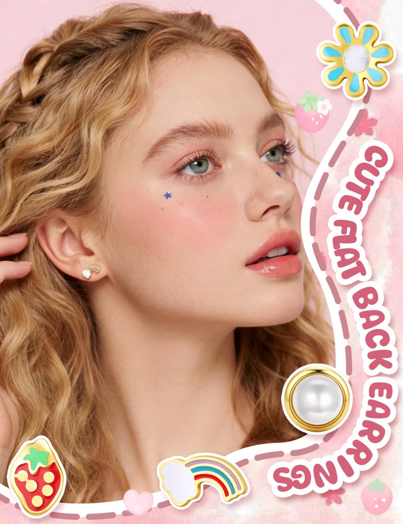 MILACOLATO 14K Gold Plated Hypoallergenic Earrings for Women Surgical Steel Flat Back Earrings for Sensitive Ears Cute Daisy Small Hoop Earring Flower Strawberry Butterfly Heart Screw Back Stud Sets - Image 4