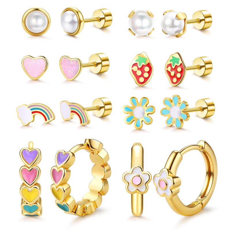 MILACOLATO 14K Gold Plated Hypoallergenic Earrings for Women Surgical Steel Flat Back Earrings for Sensitive Ears Cute Daisy Small Hoop Earring Flower Strawberry Butterfly Heart Screw Back Stud Sets - Image 1