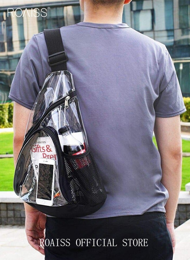 roaiss حقيبة ظهر شفافة من مادة البولي فينيل كلوريد للرجال والنساء، حقيبة صدر، حقيبة كتف، حقيبة كروس بودي صغيرة، حقيبة شفافة بحافة سوداء، حقيبة أمان مقاومة للماء - Image 1