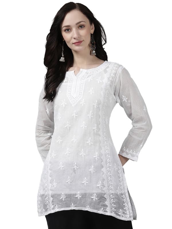 Ada Women Cotton Blend Regular Hand Embroidered Lucknowi Chikankari Kota Doria Straight Top Tunic Short Kurti with Slip A911152 White (XL) - Image 1