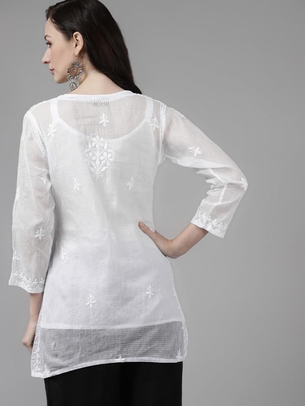 Ada Women Cotton Blend Regular Hand Embroidered Lucknowi Chikankari Kota Doria Straight Top Tunic Short Kurti with Slip A911152 White (XL) - Image 2