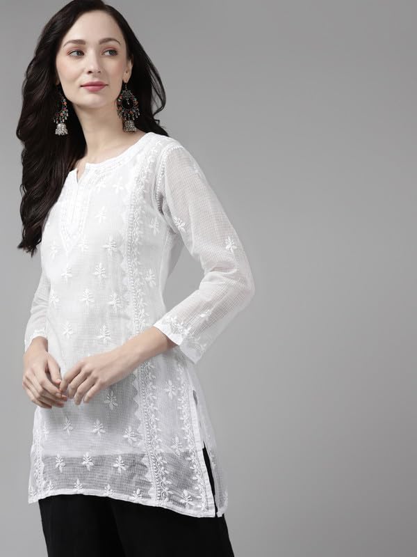 Ada Women Cotton Blend Regular Hand Embroidered Lucknowi Chikankari Kota Doria Straight Top Tunic Short Kurti with Slip A911152 White (XL) - Image 4