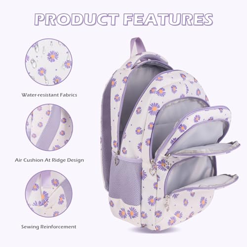 goldwheat Daisy Printed Backpacks With Lunch Pack Pencil Case 3pcs, Lightweight Water Resistant Bookbag For Middle School - Image 3