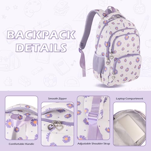 goldwheat Daisy Printed Backpacks With Lunch Pack Pencil Case 3pcs, Lightweight Water Resistant Bookbag For Middle School - Image 4