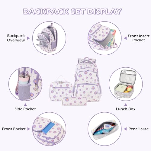 goldwheat Daisy Printed Backpacks With Lunch Pack Pencil Case 3pcs, Lightweight Water Resistant Bookbag For Middle School - Image 5