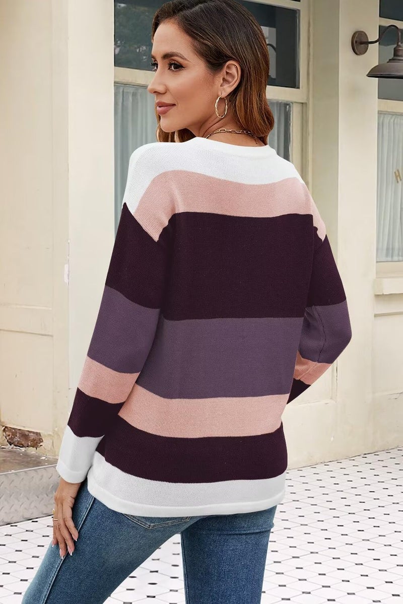 FEKOAFE Womens 2026 Fall Sweaters Trendy Causal Striped Color Block Crew Neck Long Sleeve Knitted Warm Sweaters Purple L - Image 3