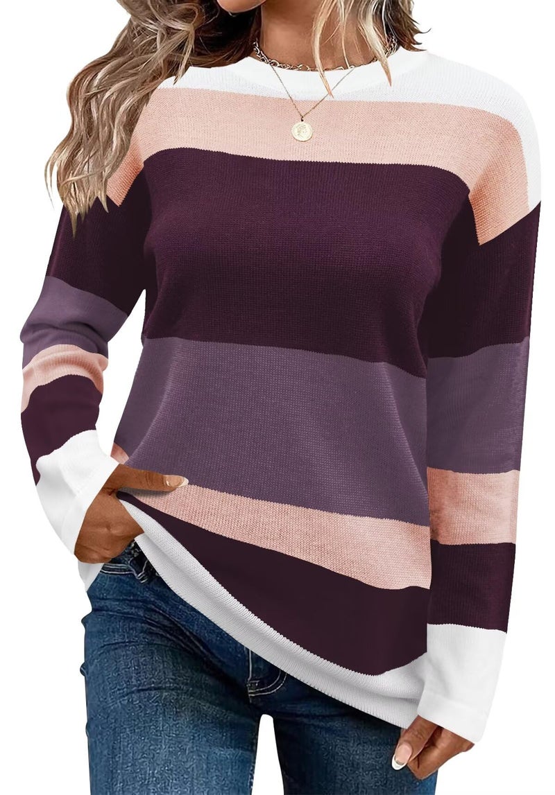 FEKOAFE Womens 2026 Fall Sweaters Trendy Causal Striped Color Block Crew Neck Long Sleeve Knitted Warm Sweaters Purple L - Image 1