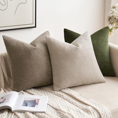 MIULEE مجموعة من 2 غطاء وسادة زخرفي باللون الأخضر الزيتوني 18x18 بوصة من شينيل الناعم لوسائد الأريكة، أغطية وسائد للمزرعة لتزيين المنزل للصالون وغرفة النوم والمعيشة - Image 4