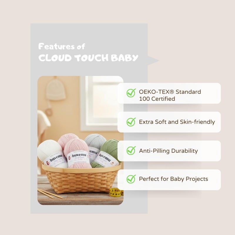 buvemu Cloud Touch Baby - DK Weight Soft Anti-Pilling Yarn for Baby Clothes, Blankets & Amigurumi Crochet & Knitting, 90% Acrylic 10% Viscose derived from Bamboo, 3.53 Oz / 262 Yards (Almond, 1 Pack) - Image 3