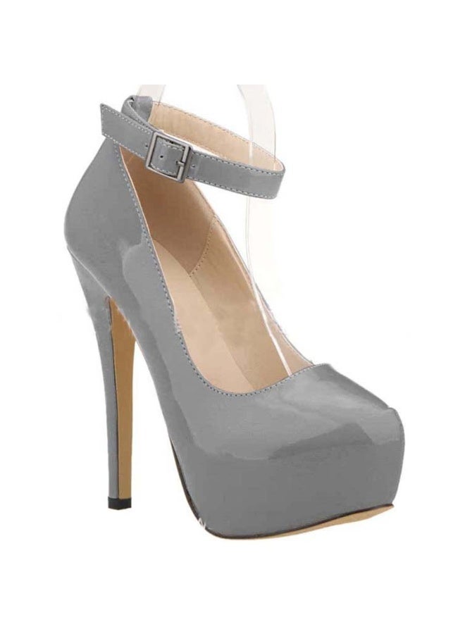 Loquat Candy-colored patent leather one-strap waterproof platform high heels 14cm Gray - Image 1