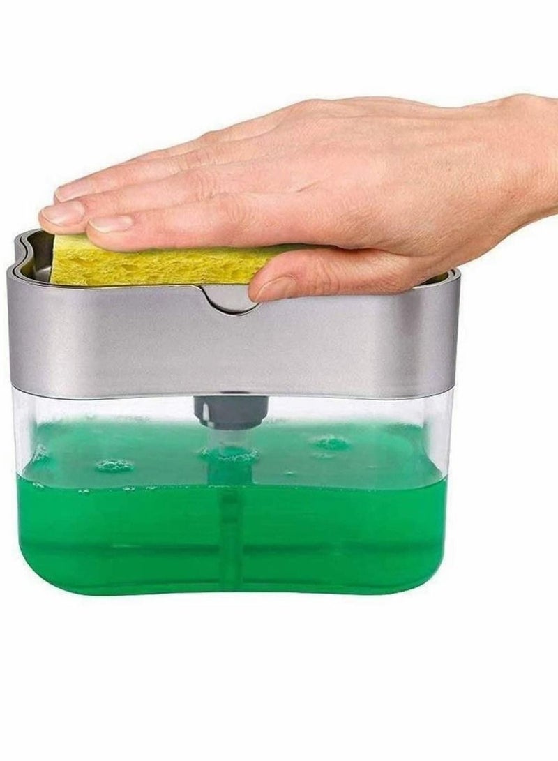 Liquid Soap Dispenser Set - Plastic Elegant Hand Pump with Sponge Caddy 2-in-1 Organizer Holder for Kitchen Sink Tidy Bathroom Countertop - Image 1
