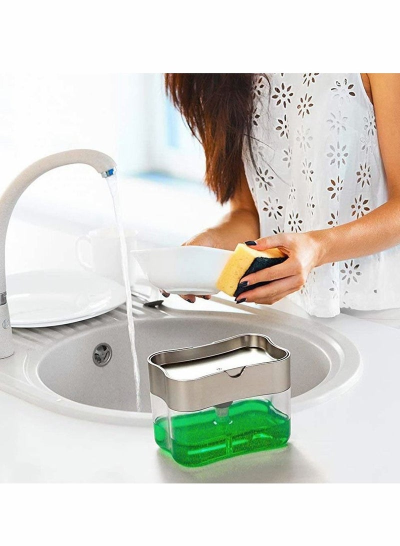 Liquid Soap Dispenser Set - Plastic Elegant Hand Pump with Sponge Caddy 2-in-1 Organizer Holder for Kitchen Sink Tidy Bathroom Countertop - Image 4