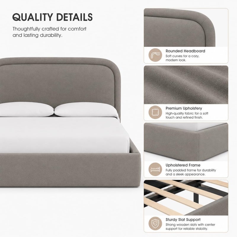 Modern Upholstered Bed Frame with Padded Curved Headboard - Charcoal Grey, Queen Size (160x200cm) - Image 5